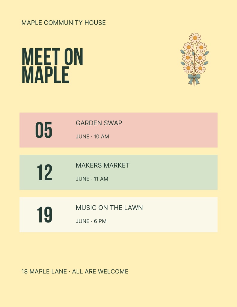 Portrait flyer with Meet on Maple title and three dated community event listings.