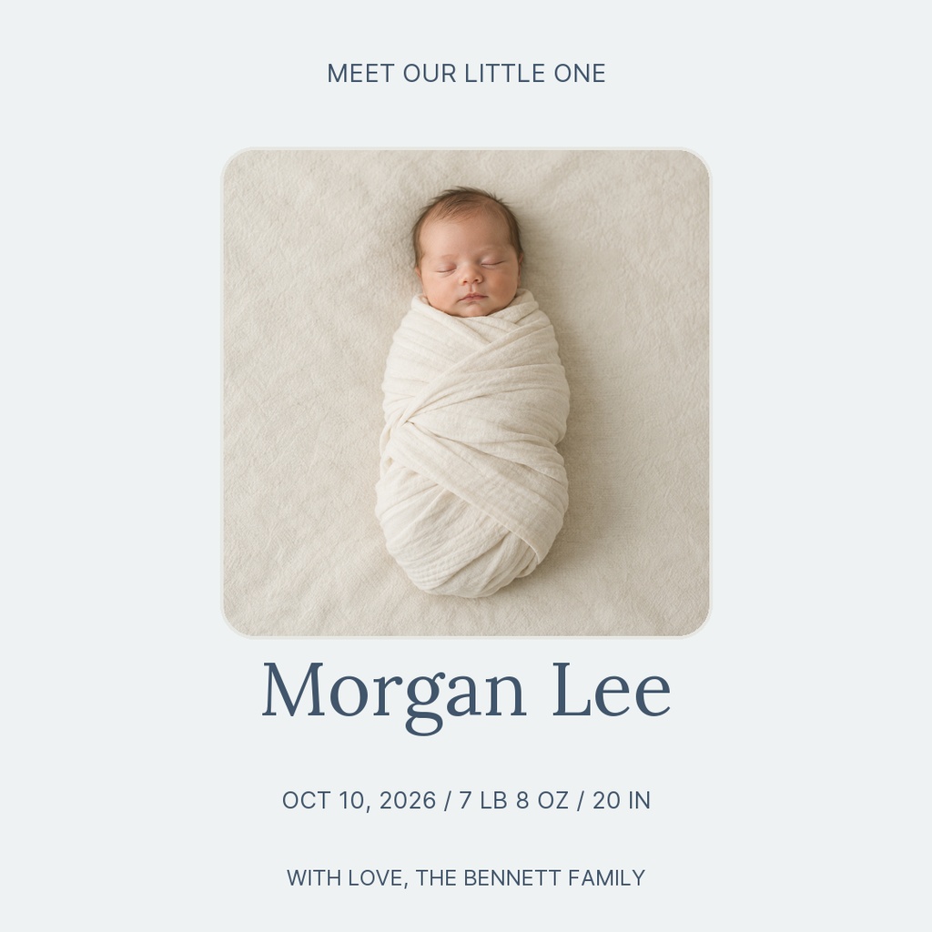 Square birth announcement with sleeping newborn photo and the name Morgan Lee.