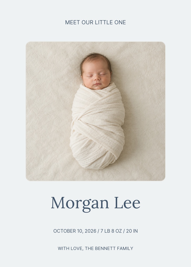 Sleeping newborn baby wrapped in a white blanket on a soft neutral background with birth announcement text.