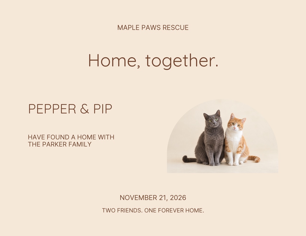 Landscape certificate with two cats, Pepper and Pip, on a beige background with adoption text.