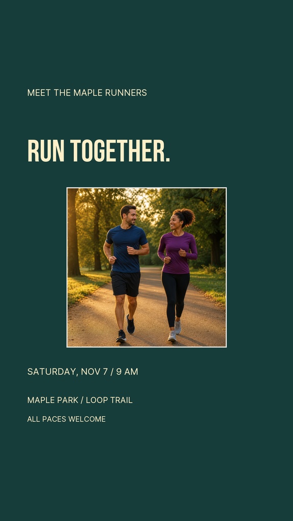 Two runners jogging on a trail with event text on a dark green portrait template.