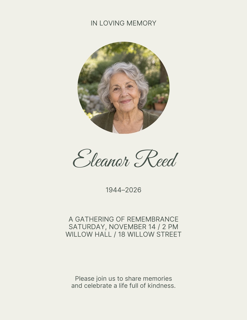 Portrait memorial flyer with a woman’s photo, in loving memory heading, name, dates, and service details.