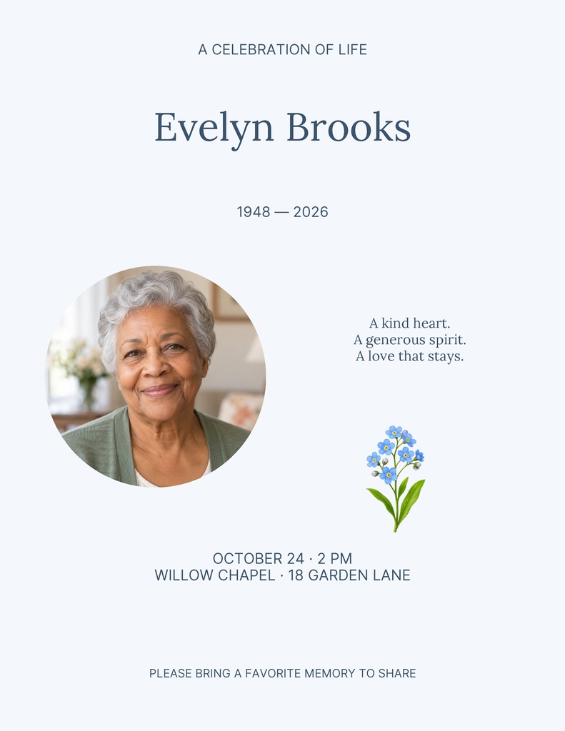 Portrait memorial flyer with blue flowers and elegant celebration of life text