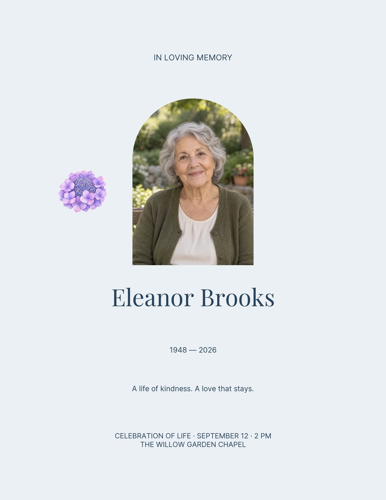 Blue memorial flyer with a portrait, flowers, and the name Eleanor Brooks.