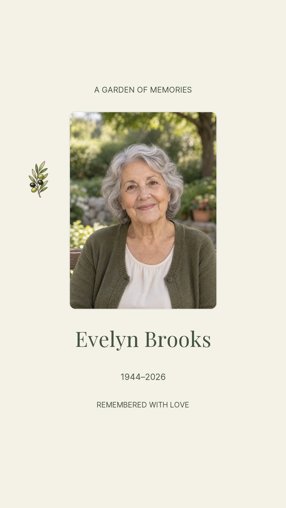 Portrait memorial story template with a smiling older woman, floral accent, and remembrance text.