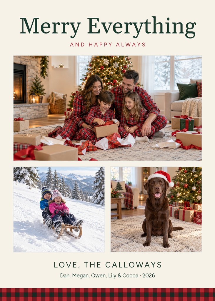 Portrait holiday card with a family photo collage, festive title, and winter scenes.