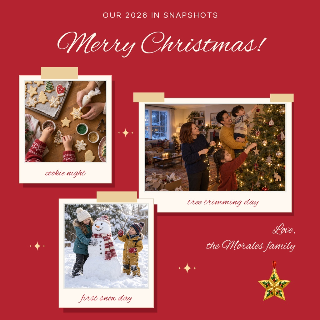 Square Christmas collage with three family photos, red background, and holiday script text.