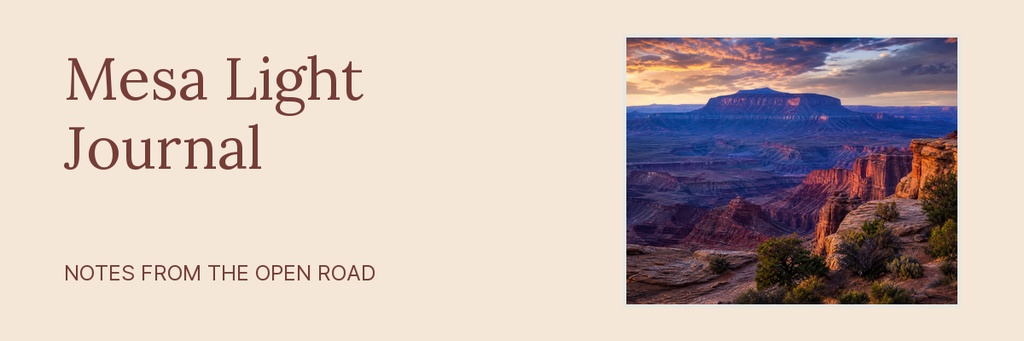 Email header template with Mesa Light Journal text and a desert canyon landscape image.