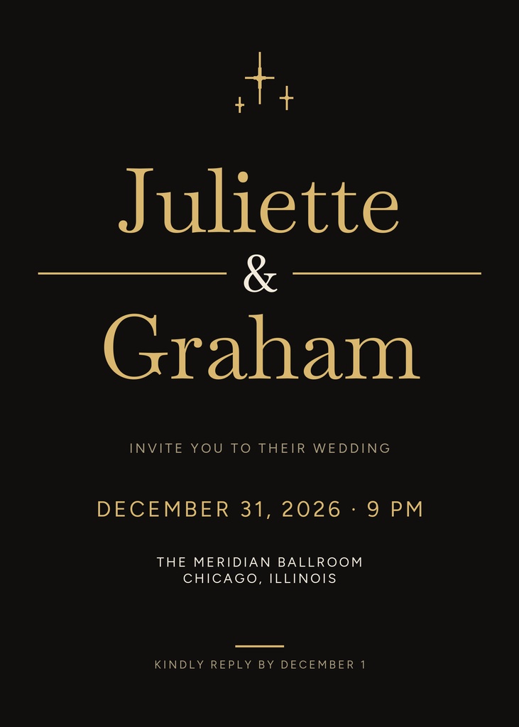 Black wedding invitation with gold text for Juliette and Graham, dated December 31, 2026.