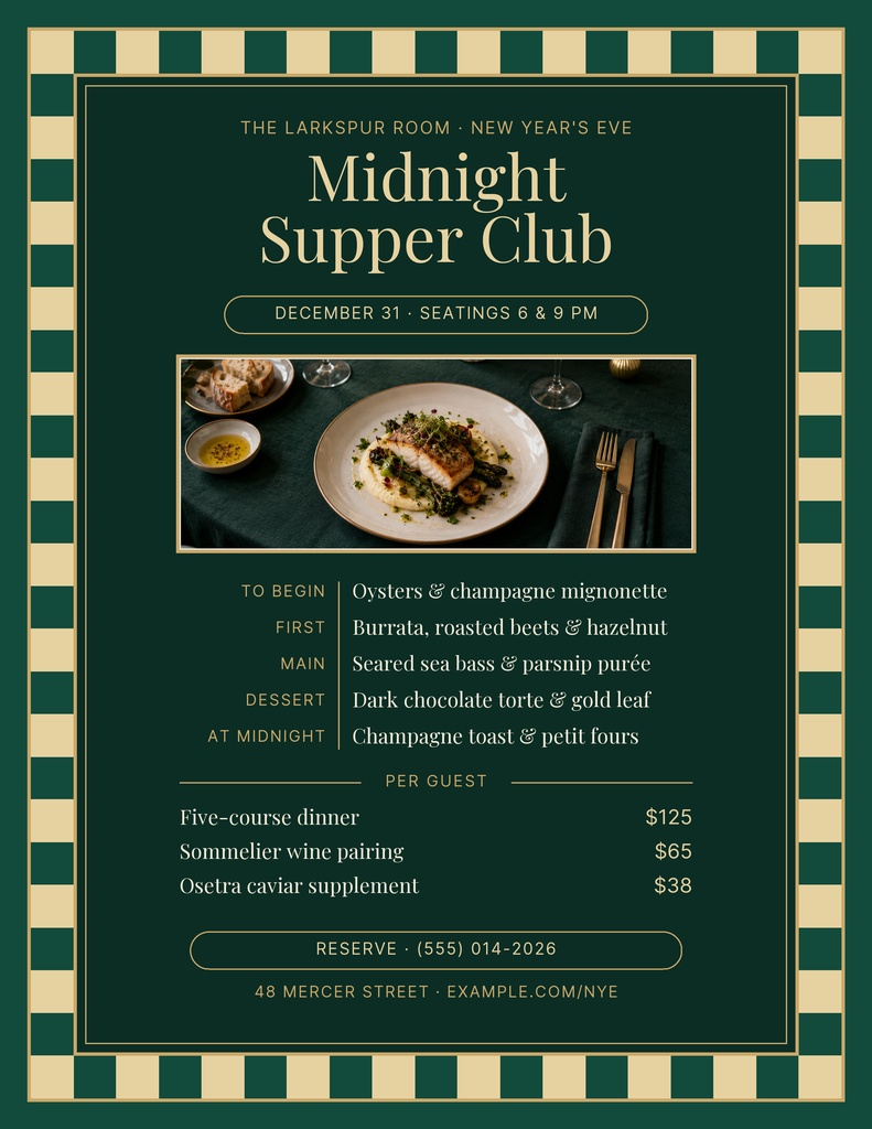 Portrait restaurant menu with green and gold border, dinner photo, and elegant multi-course pricing.