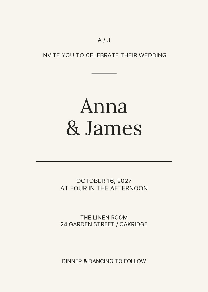 Minimal portrait wedding invitation with Anna and James, ceremony details, and simple centered typography