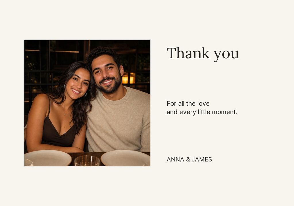 Minimal thank you card with couple photo on the left and thank you text on the right.