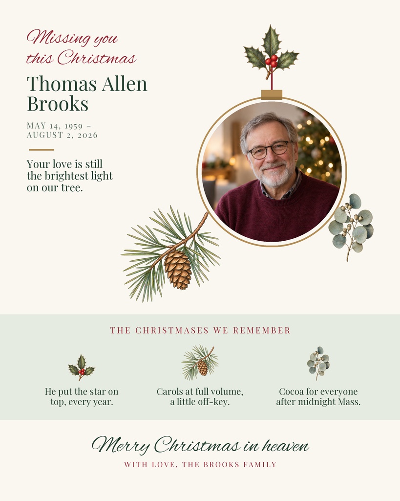 Christmas memorial template with a portrait, holiday greenery, and remembrance text on a soft cream background.