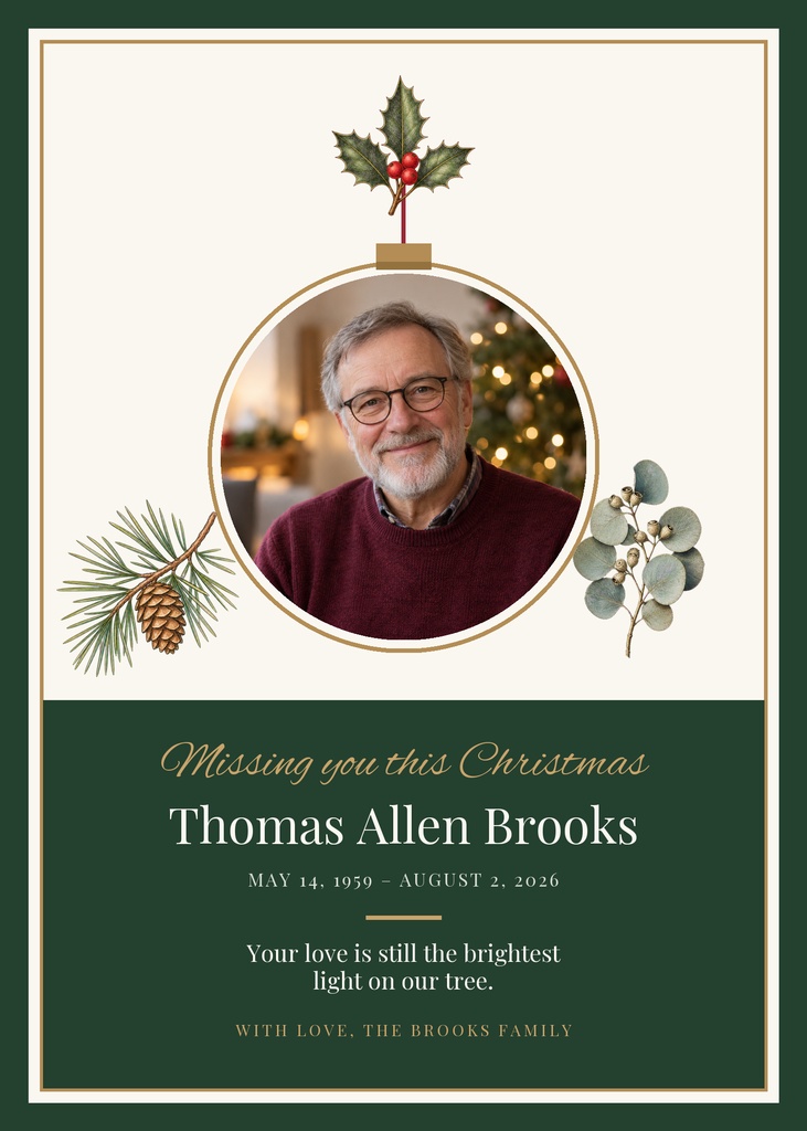 Portrait memorial card with a man’s photo, pine branches, holly, and Christmas greenery