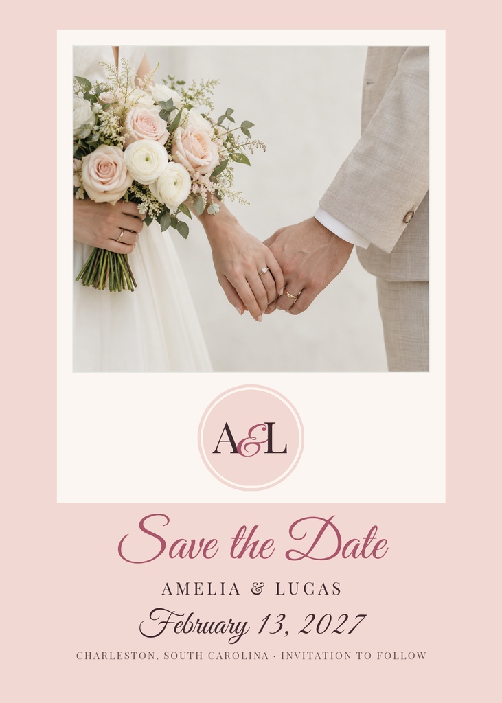 Portrait blush save the date card with a wedding couple photo, monogram circle, and elegant script text