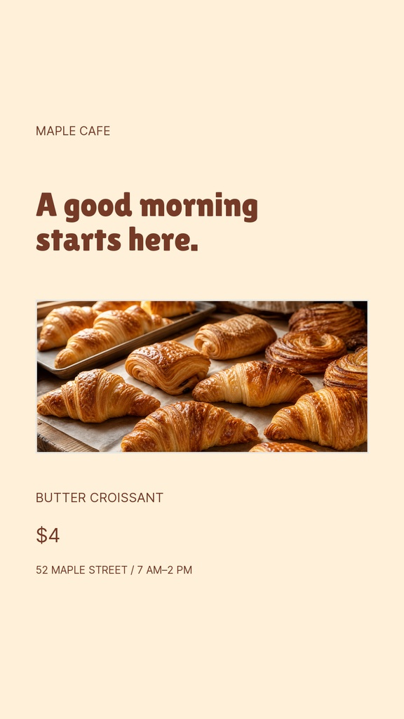 Portrait Instagram story design with croissant photo, cafe text, and menu-style pricing details.