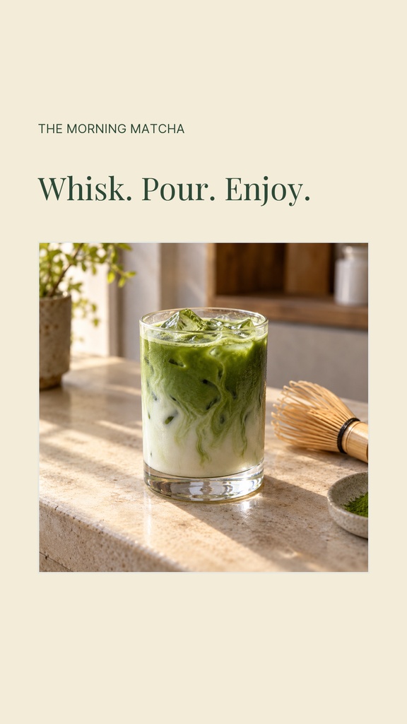 Portrait design with the words The Morning Matcha and a glass of iced matcha latte on a table.