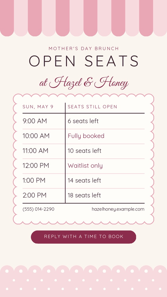 Pink Mother’s Day brunch story template showing open seating times at Hazel & Honey.