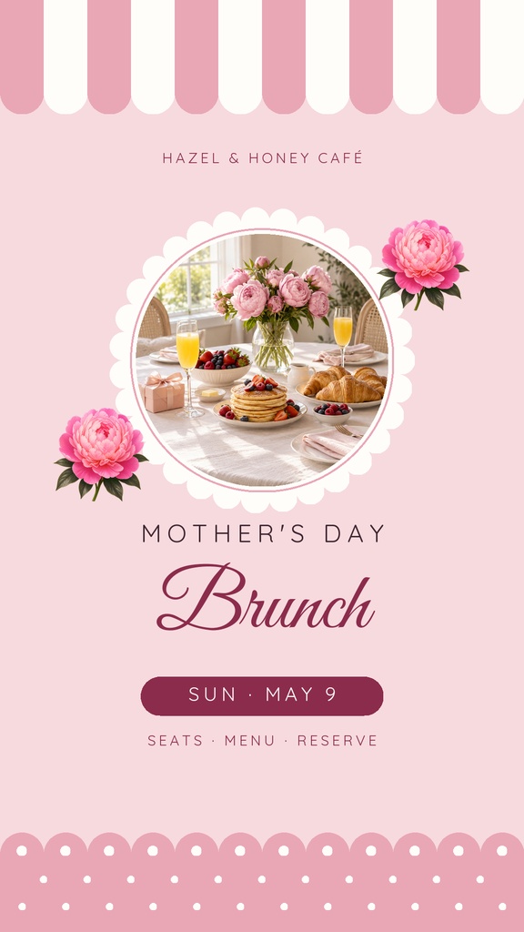 Pink Mother’s Day brunch cover with flowers, table setting, and café striped top border.
