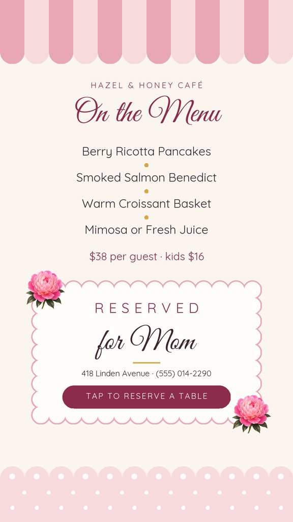 Mother's Day brunch story template with a cafe menu and reserved table message for mom.
