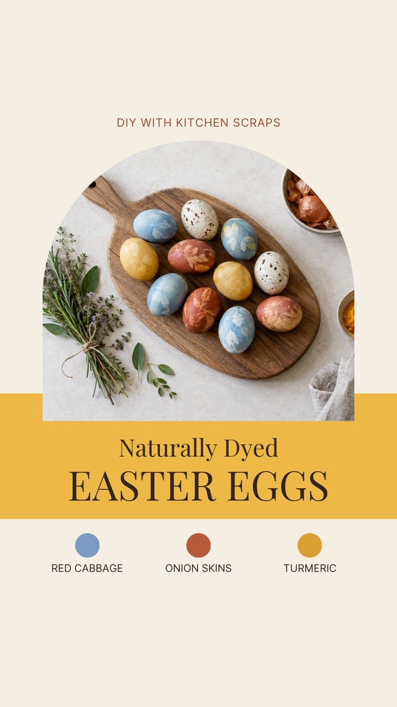 Portrait template with decorated Easter eggs on a wooden board and a bold Easter eggs title.