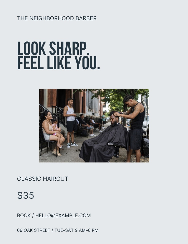 Clean letter-size barber flyer with haircut photo, price, booking details, and bold headline.