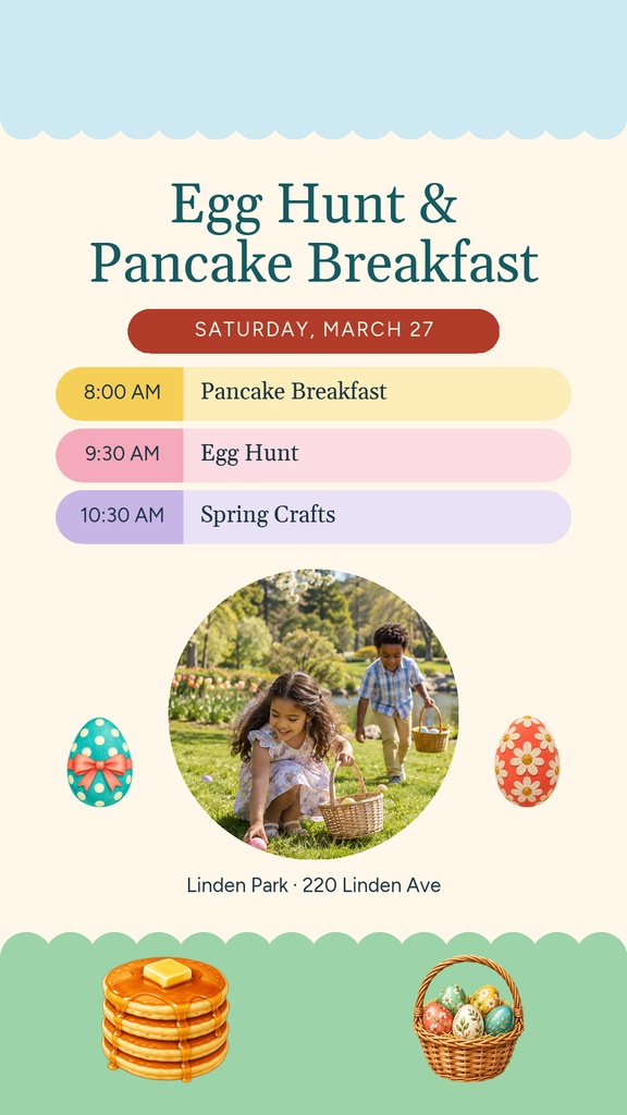 Portrait spring event story template with egg hunt, pancake breakfast, and pastel Easter-style graphics.