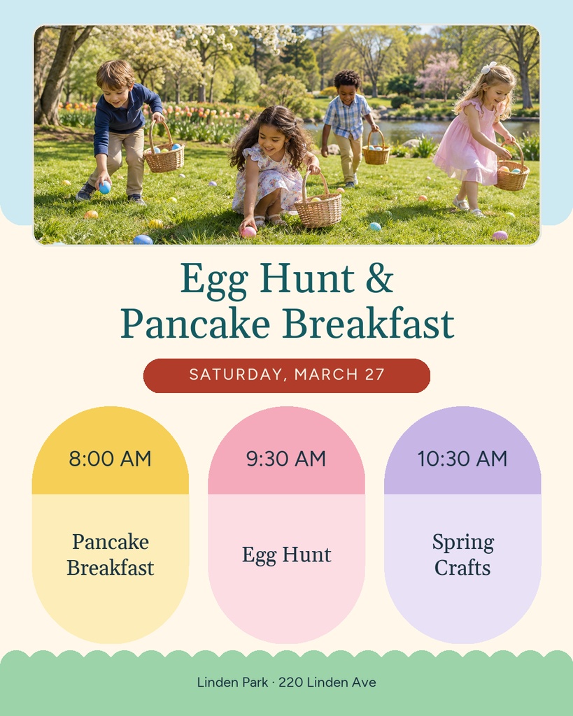 Spring event flyer with children hunting eggs and schedule for pancake breakfast, egg hunt, and spring crafts.