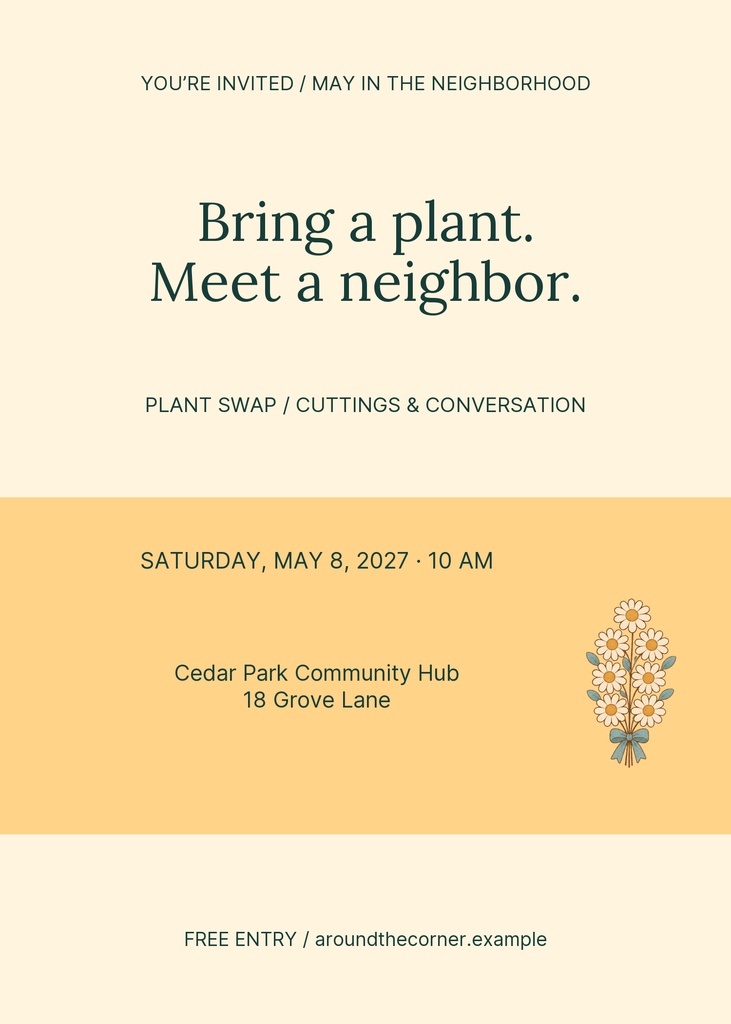 Portrait invitation with plant swap message, date, location, and small flower illustration.