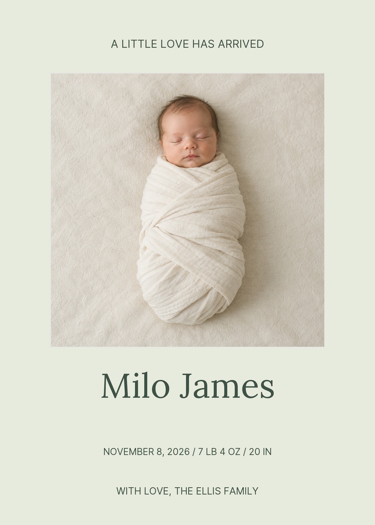 Minimal birth announcement card with sleeping swaddled newborn and baby name text.