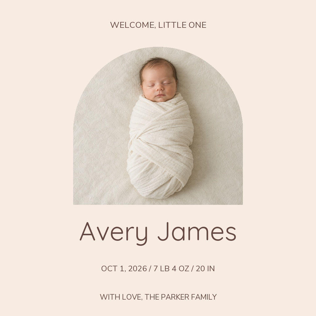 Square birth announcement with sleeping newborn photo, Avery James name, and baby details on a soft beige background.
