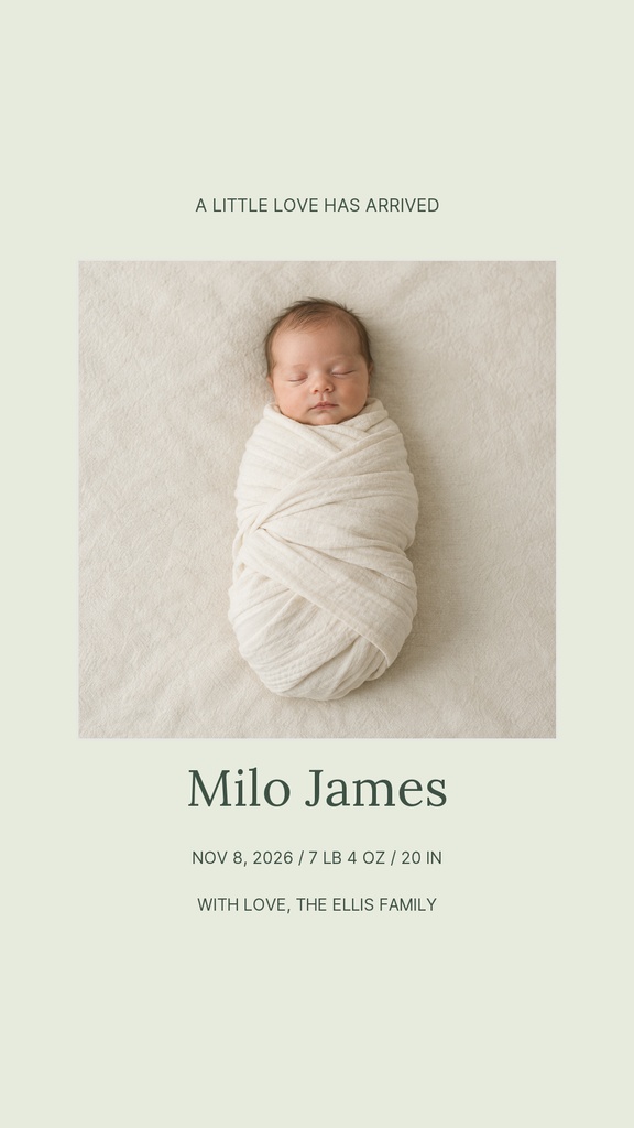 Sleeping newborn wrapped in white blanket on a soft neutral background with birth announcement text.