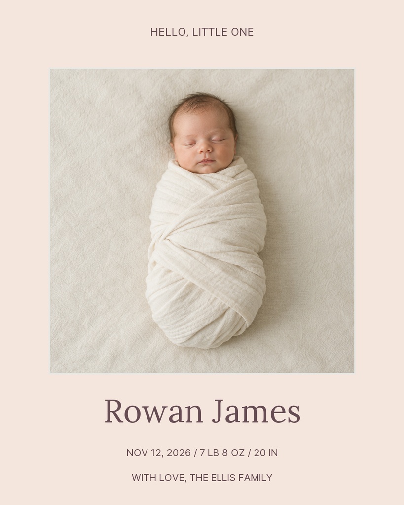 Sleeping newborn wrapped in white blanket on a soft beige background with baby name text below.