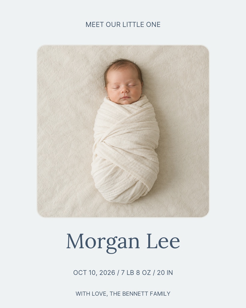 Sleeping newborn wrapped in a cream blanket on a soft neutral background with baby announcement text.