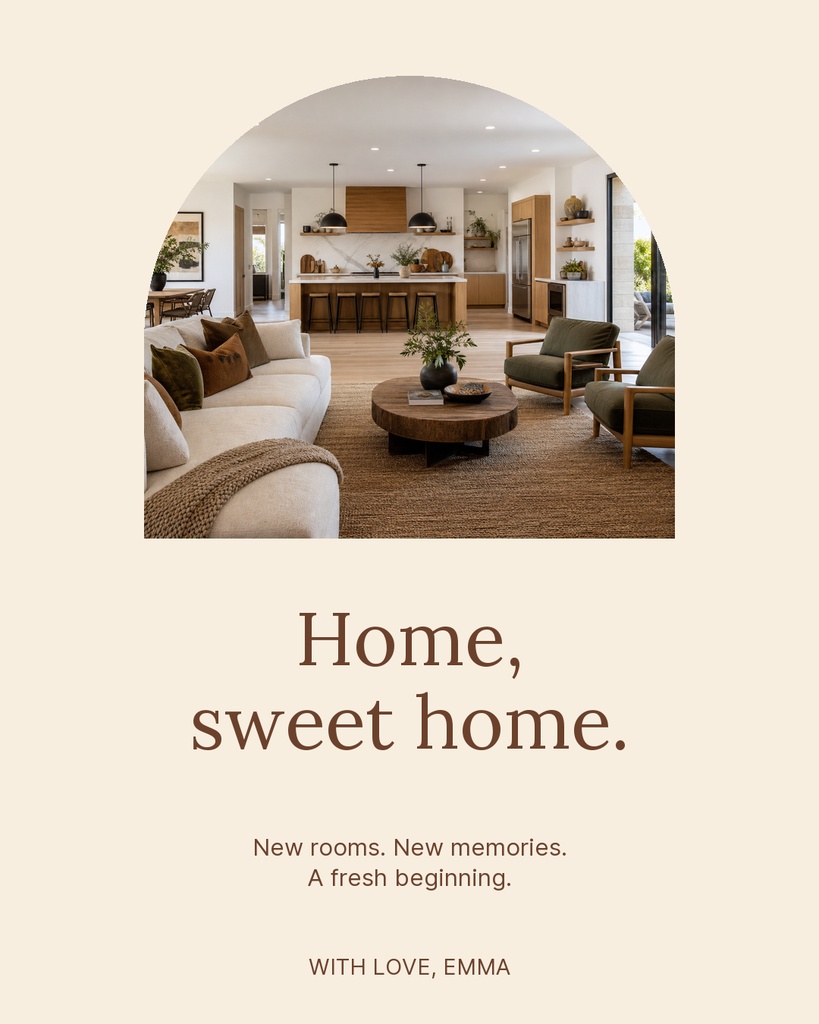 Portrait greeting card with a modern living room photo and the text Home, sweet home.