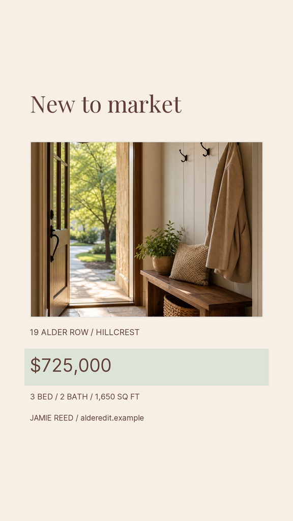 Real estate story design showing a doorway, entry bench, and new to market listing details.