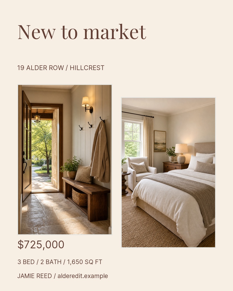 Portrait real estate listing template with two interior photos, new to market headline, price, and property details.
