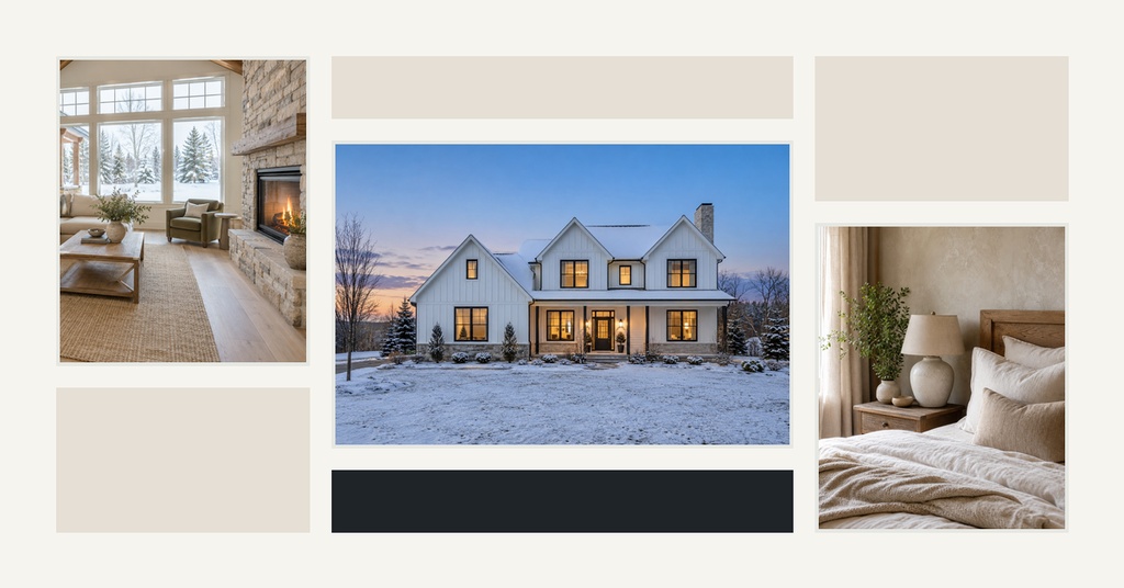 Real estate collage template with a snowy house exterior, bedroom, living room, and blank text areas