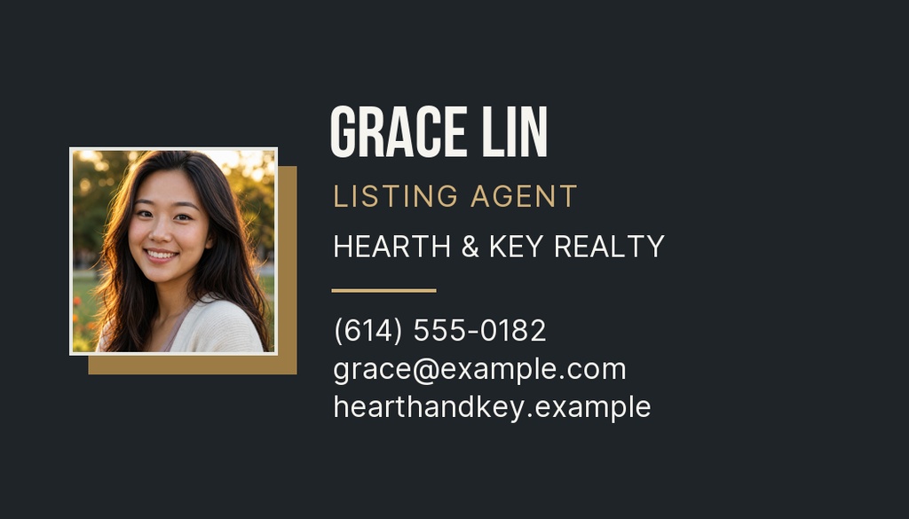 Landscape real estate contact card with agent photo, name, company, phone number, email, and website.