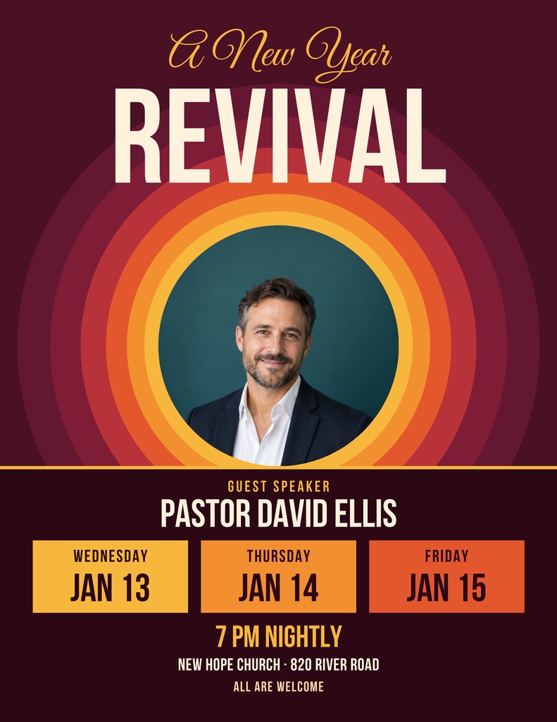Portrait church flyer with a New Year revival title, guest speaker photo, and three service dates.
