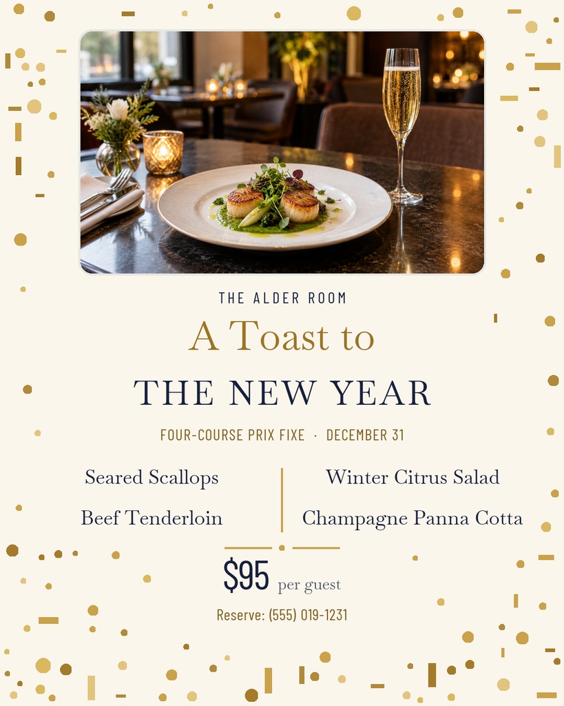 Portrait restaurant menu poster with champagne, scallops, and New Year pricing.
