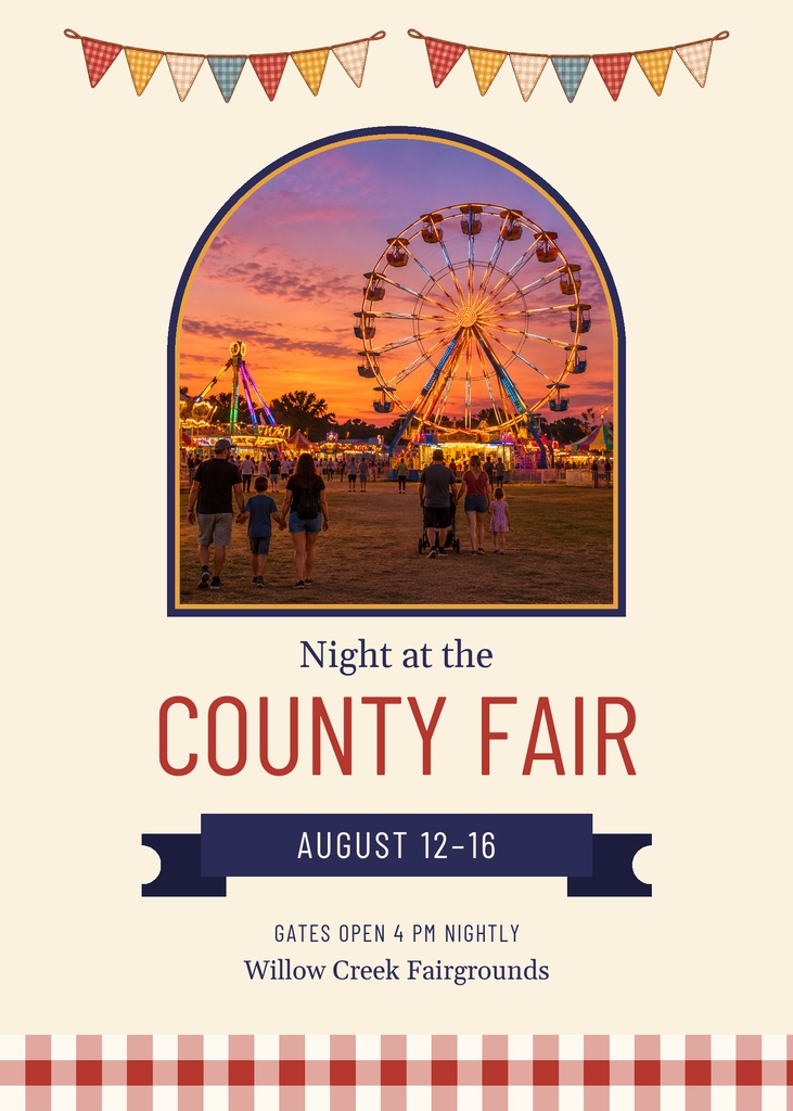 Portrait invitation with bunting, ferris wheel photo, and county fair event details.