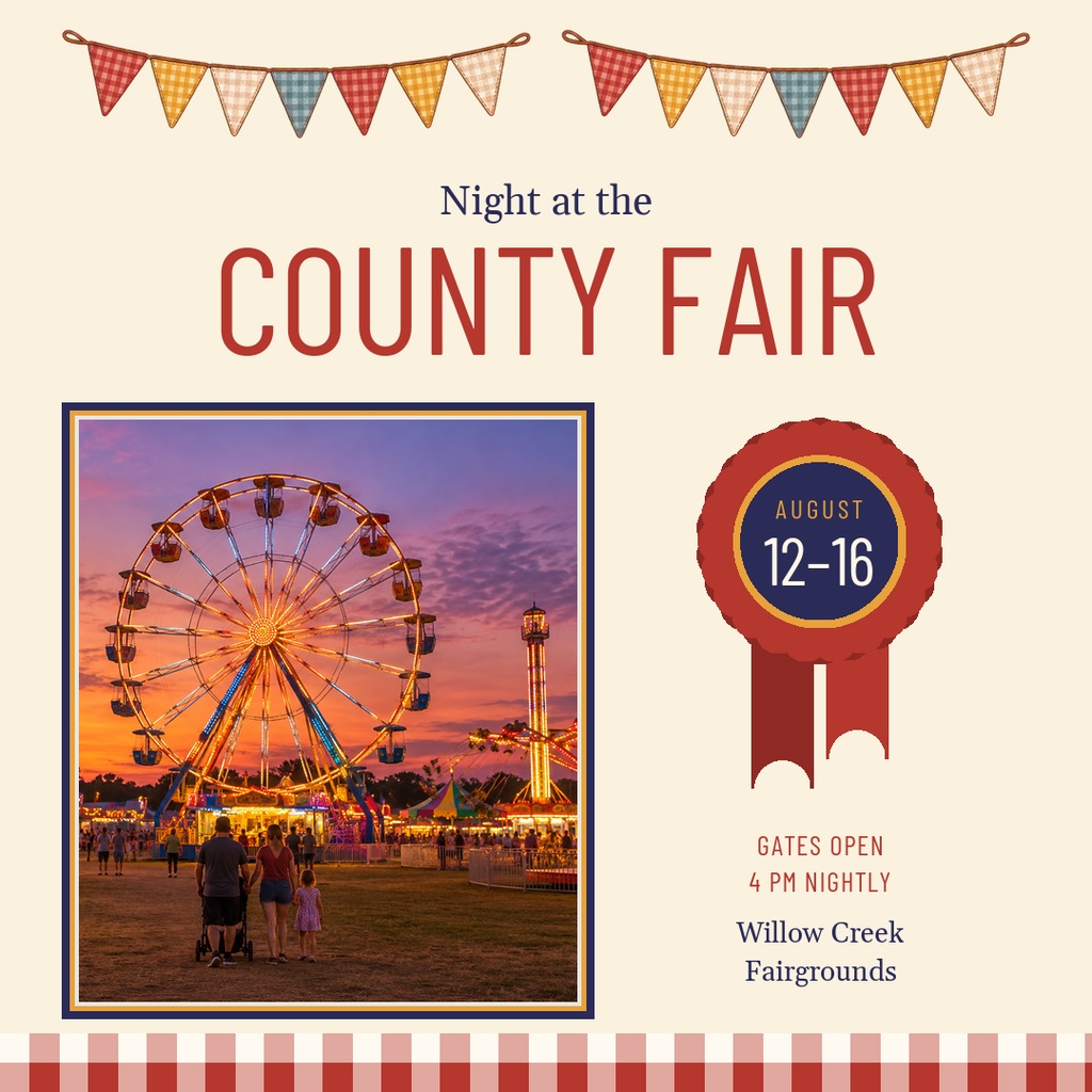 Square county fair poster with a ferris wheel photo, bunting flags, and event dates.