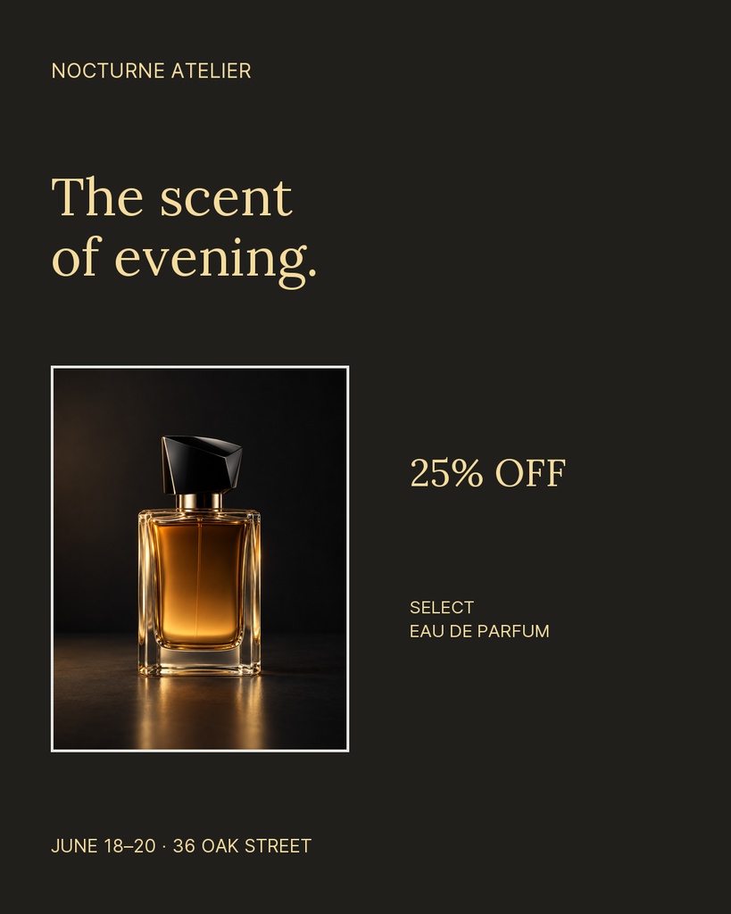 Dark portrait promo poster showing a perfume bottle, gold text, and a 25% off offer.