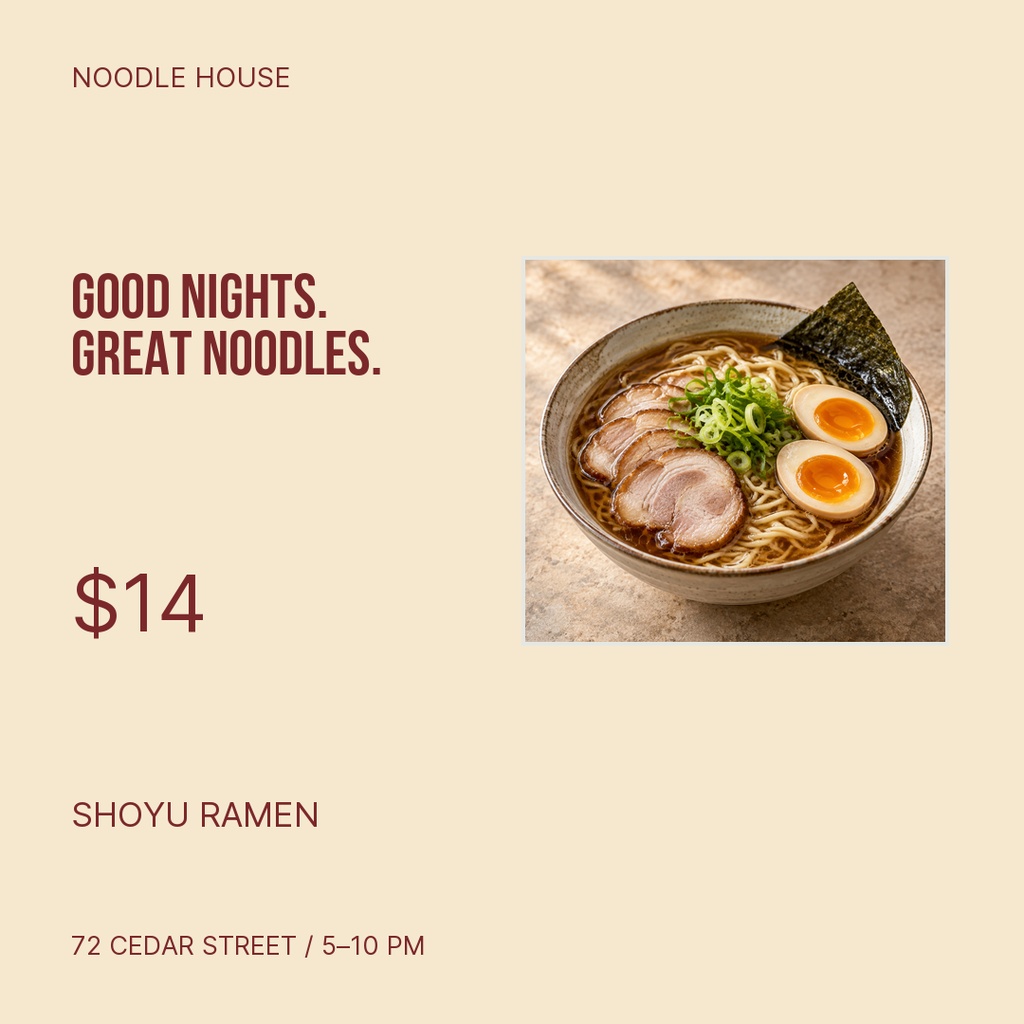 Square ramen promotion with noodles, sliced pork, eggs, and price text on a beige background.
