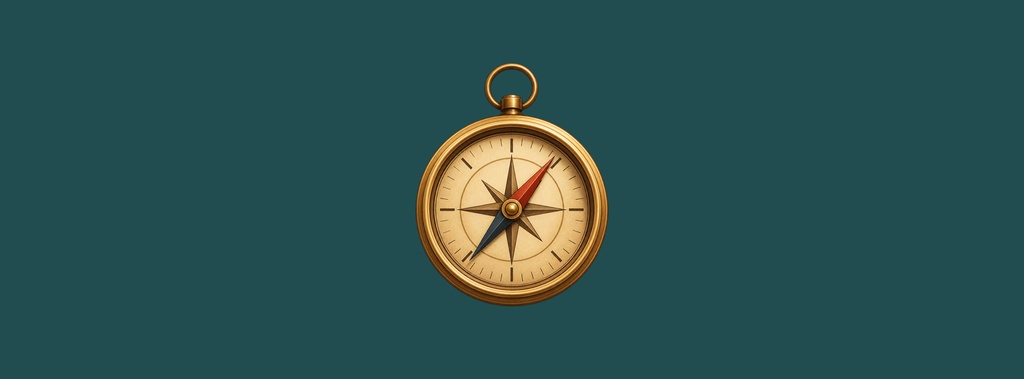 A gold compass centered on a teal background.