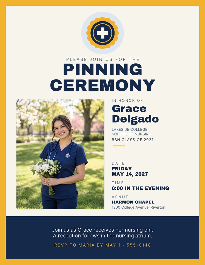 Portrait flyer with nurse photo, pinning ceremony headline, and navy and gold event details