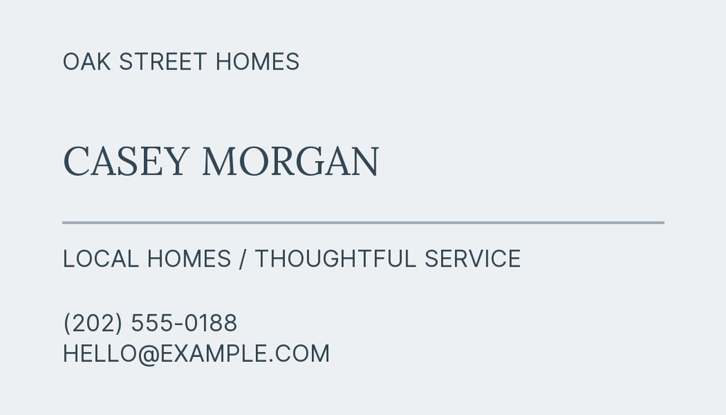 Minimal real estate contact card with Oak Street Homes, Casey Morgan, phone number, and email address.