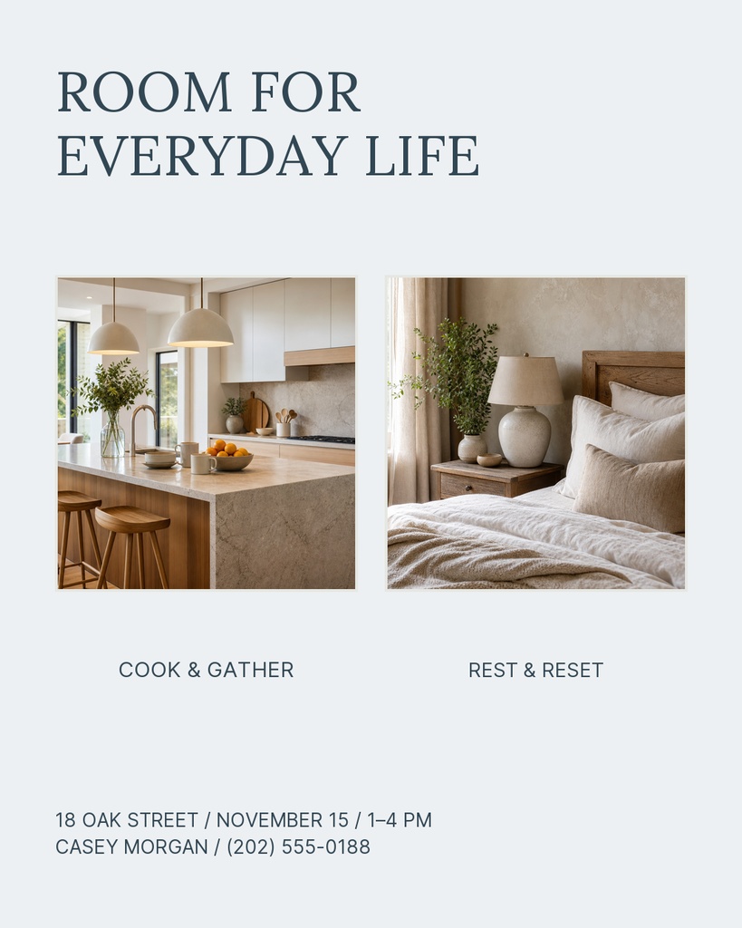 Portrait real estate template with headline, two interior photos, and open house contact details.