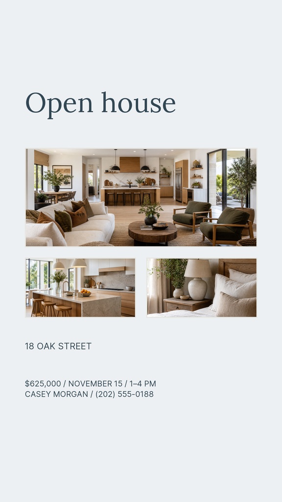 Portrait real estate story design with open house text, property photos, price, date, and agent contact details.